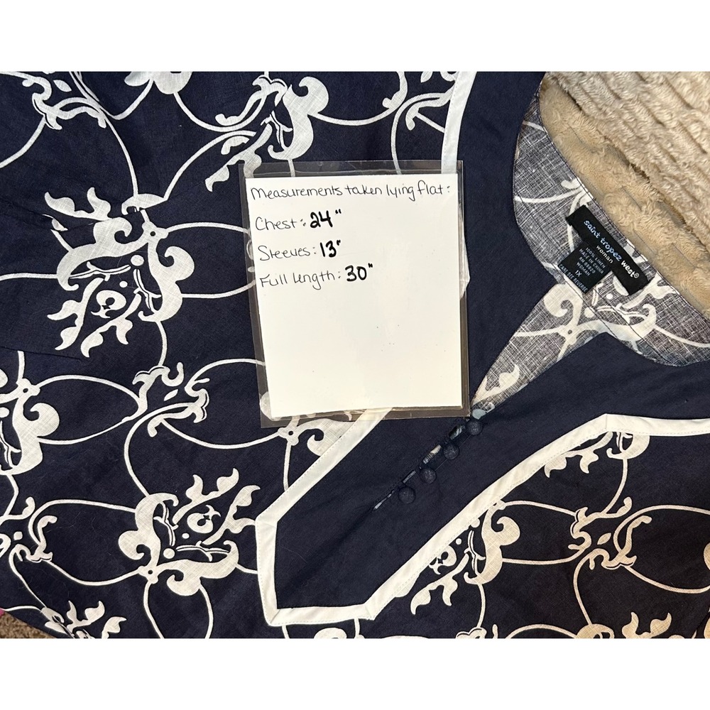 Saint Tropez West women's 100% linen navy tunic top 1X white print cottage core - Picture 4 of 5